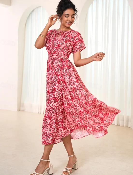 Women's Chiffon Floral Leaf Tie Neck Maxi Dress Short Sleeve Summer Women Vacation Dresses