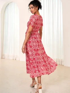 Women's Chiffon Floral Leaf Tie Neck Maxi Dress Short Sleeve Summer Women Vacation Dresses