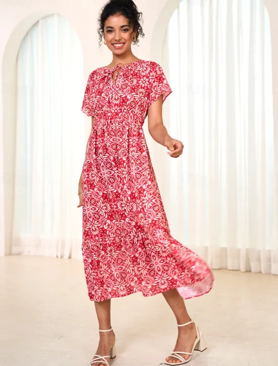Women's Chiffon Floral Leaf Tie Neck Maxi Dress Short Sleeve Summer Women Vacation Dresses