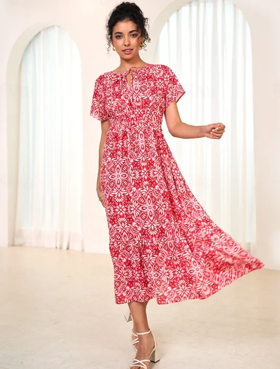 Women's Chiffon Floral Leaf Tie Neck Maxi Dress Short Sleeve Summer Women Vacation Dresses