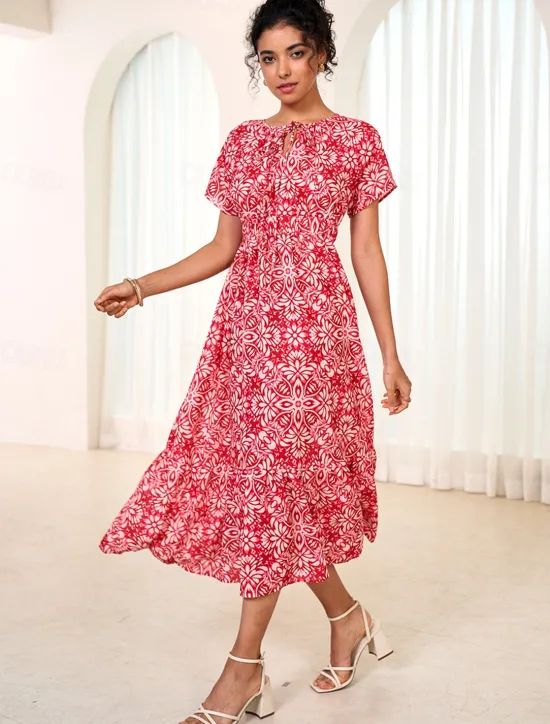 Women's Chiffon Floral Leaf Tie Neck Maxi Dress Short Sleeve Summer Women Vacation Dresses