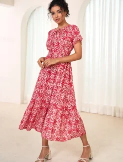 Women's Chiffon Floral Leaf Tie Neck Maxi Dress Short Sleeve Summer Women Vacation Dresses