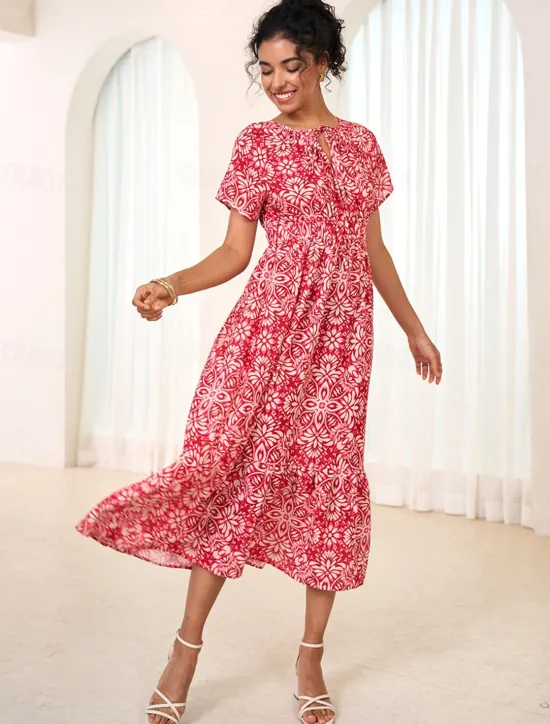 Women's Chiffon Floral Leaf Tie Neck Maxi Dress Short Sleeve Summer Women Vacation Dresses