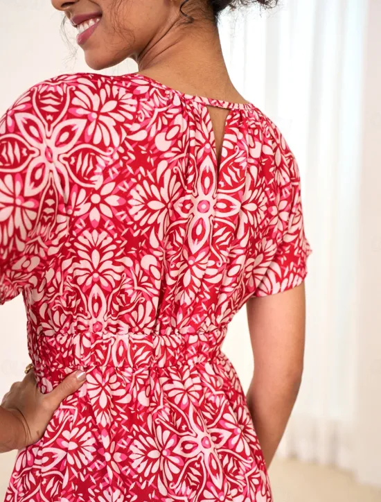 Women's Chiffon Floral Leaf Tie Neck Maxi Dress Short Sleeve Summer Women Vacation Dresses