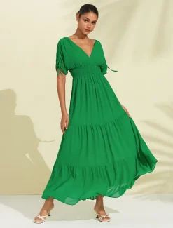 Sale Women's Chiffon Halter V Neck Tie Back Smock Maxi Dress Women Chiffon Dresses