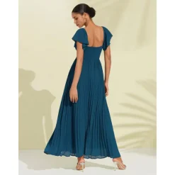Hot Women's Chiffon Wedding Guest Maxi Dress Elegant Sweetheart Pleated V-Neck Short Sleeve A-Line Formal Evening Dress Women Casual Dress|Cocktail Dress