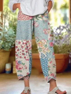 Women's Chinos Baggy Pants Beach Shorts Vacation Vintage Ethnic Style Ankle-Length High Waist Floral Graphic Patchwork Drawstring Printing Thermal Warm Soft Breathable Micro-elastic Formal Vacation Women Pants