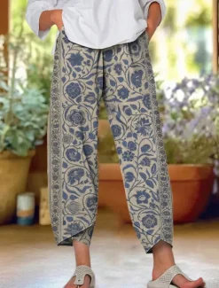 Women's Chinos Baggy Pants Beach Shorts Vacation Vintage Ethnic Style Ankle-Length High Waist Floral Graphic Patchwork Drawstring Printing Thermal Warm Soft Breathable Micro-elastic Formal Vacation Women Pants