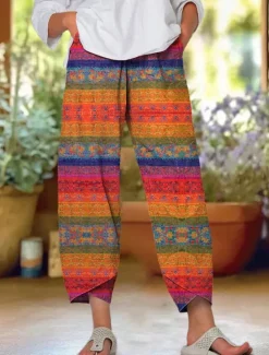 Women's Chinos Baggy Pants Beach Shorts Vacation Vintage Ethnic Style Ankle-Length High Waist Floral Graphic Patchwork Drawstring Printing Thermal Warm Soft Breathable Micro-elastic Formal Vacation Women Pants