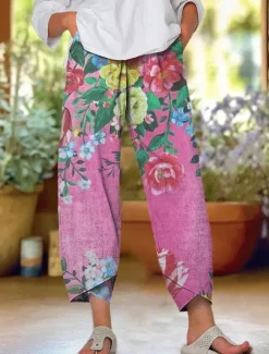Best Women's Chinos Baggy Pants Beach Shorts Vacation Vintage Ethnic Style Ankle-Length High Waist Floral Graphic Printing Thermal Warm Soft Breathable Micro-elastic Formal Vacation Street Pink Orange Women Pants