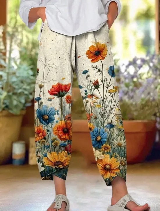 Best Women's Chinos Baggy Pants Beach Shorts Vacation Vintage Ethnic Style Ankle-Length High Waist Floral Graphic Printing Thermal Warm Soft Breathable Micro-elastic Formal Vacation Street Pink Orange Women Pants