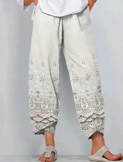 Women's Chinos Baggy Pants Vacation Vintage Ethnic Style Ankle-Length High Waist Floral Graphic 3D Patchwork Embroidered Pocket Breathable Micro-elastic Vacation Street Causal rice white White Khaki Women Pants