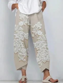 Women's Chinos Baggy Pants Vacation Vintage Ethnic Style Ankle-Length High Waist Floral Graphic 3D Patchwork Embroidered Pocket Breathable Micro-elastic Vacation Street Causal rice white White Khaki Women Pants