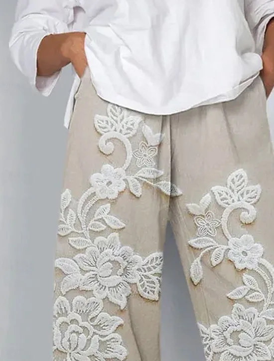 Women's Chinos Baggy Pants Vacation Vintage Ethnic Style Ankle-Length High Waist Floral Graphic 3D Patchwork Embroidered Pocket Breathable Micro-elastic Vacation Street Causal rice white White Khaki Women Pants
