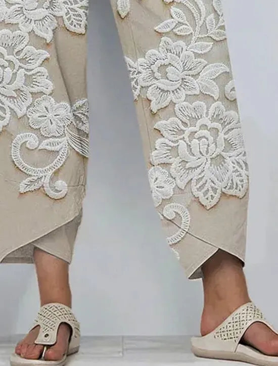 Women's Chinos Baggy Pants Vacation Vintage Ethnic Style Ankle-Length High Waist Floral Graphic 3D Patchwork Embroidered Pocket Breathable Micro-elastic Vacation Street Causal rice white White Khaki Women Pants