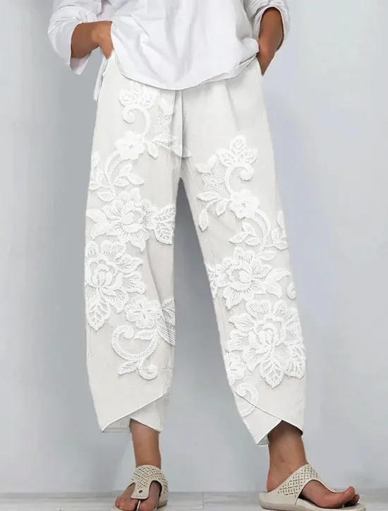 Women's Chinos Baggy Pants Vacation Vintage Ethnic Style Ankle-Length High Waist Floral Graphic 3D Patchwork Embroidered Pocket Breathable Micro-elastic Vacation Street Causal rice white White Khaki Women Pants