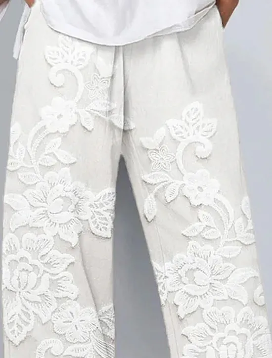 Women's Chinos Baggy Pants Vacation Vintage Ethnic Style Ankle-Length High Waist Floral Graphic 3D Patchwork Embroidered Pocket Breathable Micro-elastic Vacation Street Causal rice white White Khaki Women Pants