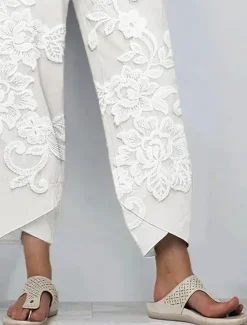 Women's Chinos Baggy Pants Vacation Vintage Ethnic Style Ankle-Length High Waist Floral Graphic 3D Patchwork Embroidered Pocket Breathable Micro-elastic Vacation Street Causal rice white White Khaki Women Pants