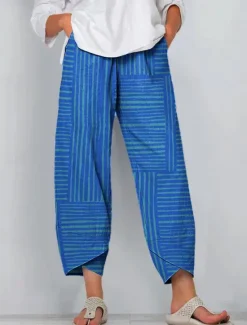 Women's Chinos Baggy Pants Beach Shorts Vacation Vintage Ethnic Style Ankle-Length High Waist Graphic Striped Geometry Patchwork Wide Leg Drawstring Soft Breathable Micro-elastic Vacation Street Women Pants
