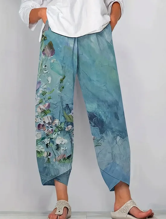 Women's Chinos Baggy Pants Vacation Vintage Ethnic Style Ankle-Length High Waist Floral Graphic Gradient Patchwork Drawstring Printing Breathable Micro-elastic Vacation Street Causal Lake blue Light Women Pants