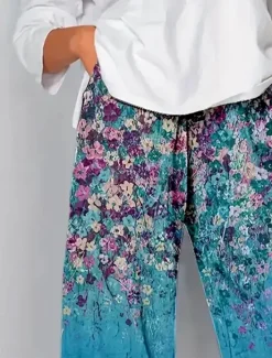 Women's Chinos Baggy Pants Vacation Vintage Ethnic Style Ankle-Length High Waist Floral Graphic Gradient Patchwork Drawstring Printing Breathable Micro-elastic Vacation Street Causal Lake blue Light Women Pants