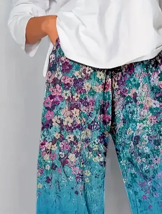 Women's Chinos Baggy Pants Vacation Vintage Ethnic Style Ankle-Length High Waist Floral Graphic Gradient Patchwork Drawstring Printing Breathable Micro-elastic Vacation Street Causal Lake blue Light Women Pants