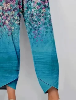Women's Chinos Baggy Pants Vacation Vintage Ethnic Style Ankle-Length High Waist Floral Graphic Gradient Patchwork Drawstring Printing Breathable Micro-elastic Vacation Street Causal Lake blue Light Women Pants