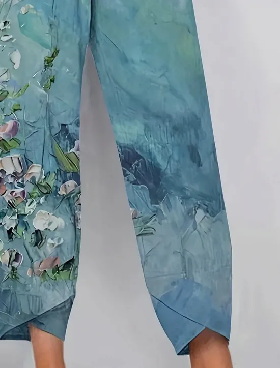 Women's Chinos Baggy Pants Vacation Vintage Ethnic Style Ankle-Length High Waist Floral Graphic Gradient Patchwork Drawstring Printing Breathable Micro-elastic Vacation Street Causal Lake blue Light Women Pants