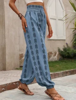 Women's Chinos Bloomers Fashion Streetwear Full Length High Waist Geometric Elastic Waistband Printing Comfy Soft Comfortable Micro-elastic Outdoor Street Blue Orange Summer Spring Regular Fit Women Pants