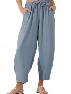New Women's Chinos Fashion Streetwear Basic Full Length High Waist Plain Pocket Elastic Waistband Comfy Soft Comfortable Micro-elastic Outdoor Street Blue Brown Khaki Light Blue Summer Spring Loose Fit Women Pants