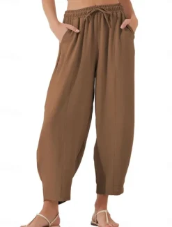 New Women's Chinos Fashion Streetwear Basic Full Length High Waist Plain Pocket Elastic Waistband Comfy Soft Comfortable Micro-elastic Outdoor Street Blue Brown Khaki Light Blue Summer Spring Loose Fit Women Pants
