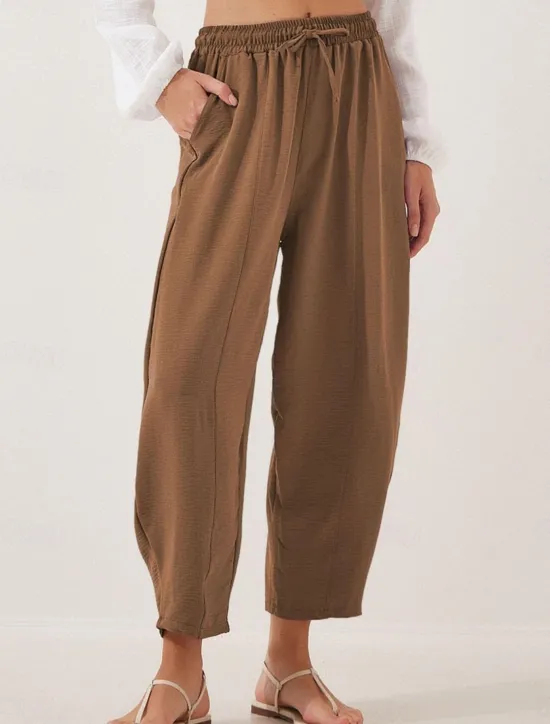 New Women's Chinos Fashion Streetwear Basic Full Length High Waist Plain Pocket Elastic Waistband Comfy Soft Comfortable Micro-elastic Outdoor Street Blue Brown Khaki Light Blue Summer Spring Loose Fit Women Pants