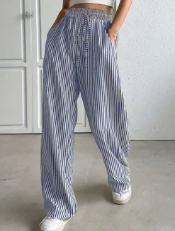 Sale Women's Chinos Fashion Streetwear Full Length High Waist Stripe Pocket Elastic Waistband Comfy Soft Comfortable Micro-elastic Outdoor Street Black Blue Summer Spring Regular Fit Women Pants