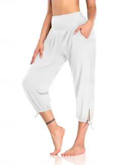 Online Women's Chinos Fashion Streetwear Ankle-Length High Waist Plain Pocket Elastic Waistband Comfy Soft Comfortable Micro-elastic Outdoor Street Black White Pink Gray Summer Spring Regular Fit Women Pants