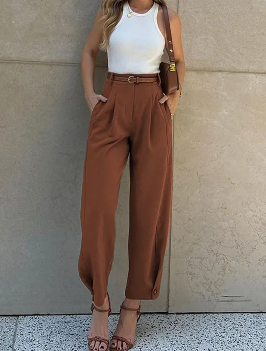 New Women's Chinos Fashion Streetwear Work Full Length High Waist Plain Pocket Comfy Soft Comfortable Micro-elastic Outdoor Street Black Coffee Spring & Fall Regular Fit Women Pants