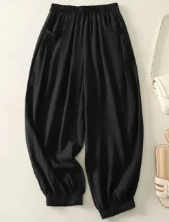 Outlet Women's Chinos Harem Pants Vintage Ethnic Style Basic Ankle-Length High Waist Plain Pocket Drawstring Comfort Outdoor Stretchy Vacation Street Daily Black Beige Coffee Summer Spring Regular Fit Women Pants