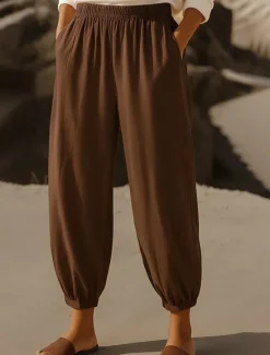 Outlet Women's Chinos Harem Pants Vintage Ethnic Style Basic Ankle-Length High Waist Plain Pocket Drawstring Comfort Outdoor Stretchy Vacation Street Daily Black Beige Coffee Summer Spring Regular Fit Women Pants