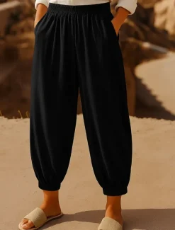 Outlet Women's Chinos Harem Pants Vintage Ethnic Style Basic Ankle-Length High Waist Plain Pocket Drawstring Comfort Outdoor Stretchy Vacation Street Daily Black Beige Coffee Summer Spring Regular Fit Women Pants