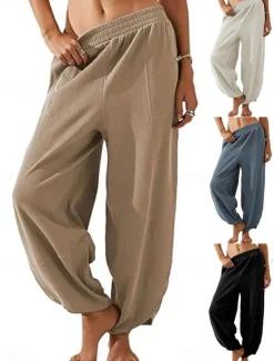 Best Women's Chinos Harem Pants Fashion Classic & Timeless Full Length High Waist Plain Pocket Elastic Waistband Comfy Soft Comfortable Micro-elastic Outdoor Street White Blue Khaki Spring & Fall Regular Women Pants