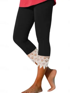 Outlet Women's Chinos Leggings Fashion Streetwear Calf-Length High Waist Plain Lace Patchwork Comfy Soft Comfortable Micro-elastic Outdoor Street Black Wine Blue Summer Regular Fit Women Leggings