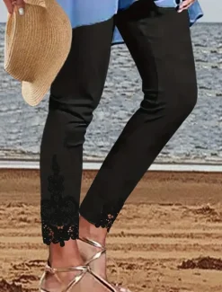 Clearance Women's Chinos Leggings Fashion Streetwear Basic Full Length High Waist Plain Lace Comfy Soft Comfortable Stretchy Outdoor Vacation Street Black White Summer Spring Slim Fit Women Leggings