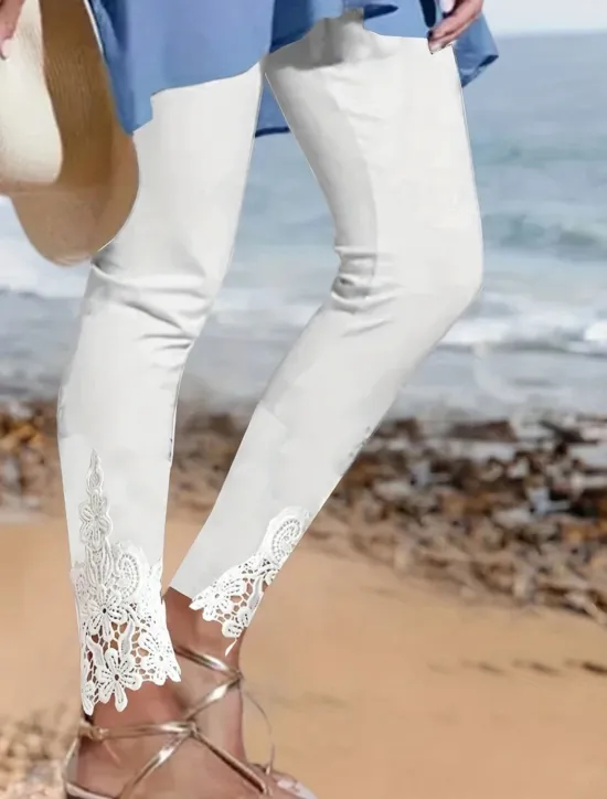 Clearance Women's Chinos Leggings Fashion Streetwear Basic Full Length High Waist Plain Lace Comfy Soft Comfortable Stretchy Outdoor Vacation Street Black White Summer Spring Slim Fit Women Leggings