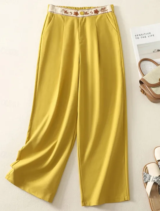 Outlet Women's Chinos Pants Trousers Vacation Vintage Fashion Full Length High Waist Floral Drawstring Embroidered Pocket Comfort Outdoor Stretchy Vacation Street Daily White Yellow Navy Blue Coffee Summer Women Pants|Pants