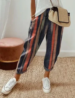 Sale Women's Chinos Pants Trousers Streetwear Casual Long High Waist Floral Stripe Pocket Elastic Drawstring Design High Cut Breathability Soft Micro-elastic Vacation Street Daily Wear White Blue Khaki Women Pants
