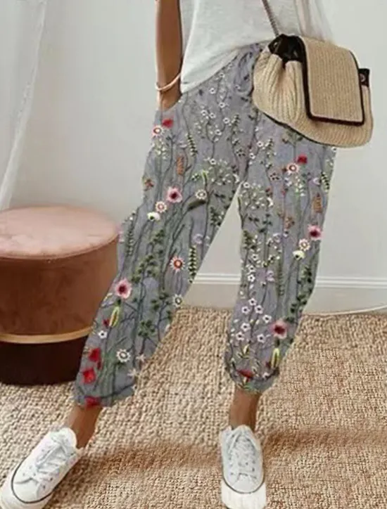 Sale Women's Chinos Pants Trousers Streetwear Casual Long High Waist Floral Stripe Pocket Elastic Drawstring Design High Cut Breathability Soft Micro-elastic Vacation Street Daily Wear White Blue Khaki Women Pants