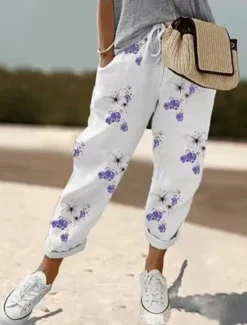 Sale Women's Chinos Pants Trousers Streetwear Casual Long High Waist Floral Stripe Pocket Elastic Drawstring Design High Cut Breathability Soft Micro-elastic Vacation Street Daily Wear White Blue Khaki Women Pants