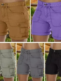 New Women's Chinos Shorts Basic Casual Short Medium Waist Plain Pocket Comfort Outdoor Micro-elastic Vacation Street Daily Black Purple Green Khaki Summer Regular Fit Women Shorts|Pants
