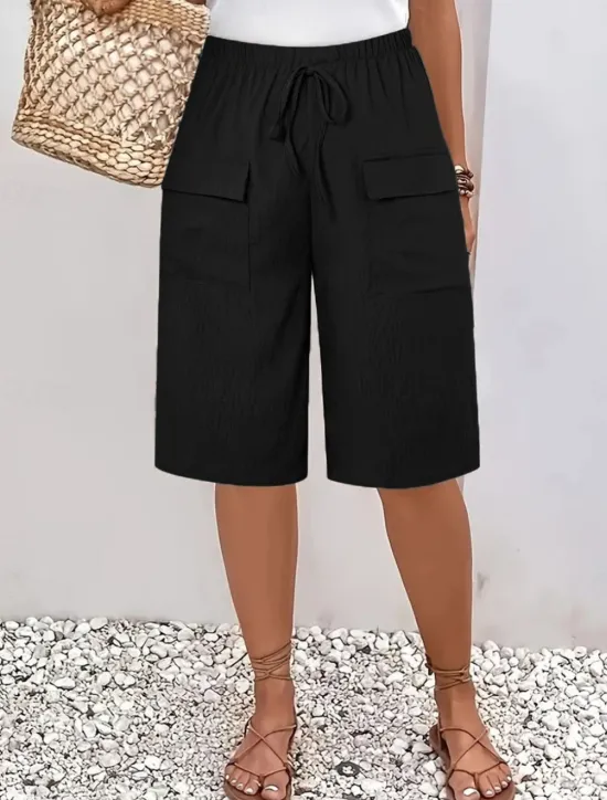 New Women's Chinos Shorts Basic Casual Knee Length High Waist Plain Elastic Waistband Comfy Soft Comfortable Micro-elastic Outdoor Street Black Orange Green Khaki Summer Spring Regular Fit Women Shorts
