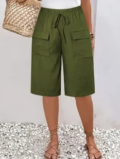 New Women's Chinos Shorts Basic Casual Knee Length High Waist Plain Elastic Waistband Comfy Soft Comfortable Micro-elastic Outdoor Street Black Orange Green Khaki Summer Spring Regular Fit Women Shorts