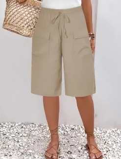 New Women's Chinos Shorts Basic Casual Knee Length High Waist Plain Elastic Waistband Comfy Soft Comfortable Micro-elastic Outdoor Street Black Orange Green Khaki Summer Spring Regular Fit Women Shorts
